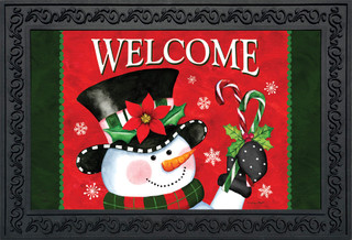 Briarwood Lane Christmas Snowman Welcome Doormat with holly, snowflakes, and candy canes, indoor/outdoor use.