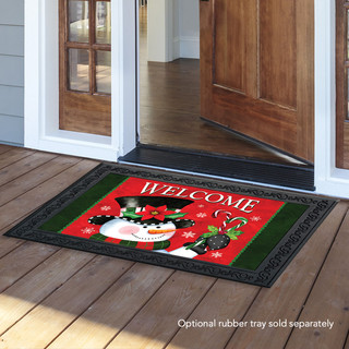 Briarwood Lane Christmas Snowman Welcome Doormat with holly, snowflakes, and candy canes on indoor outdoor mat.