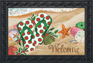 Briarwood Lane Christmas doormat with starfish, sea shells, and flip flops on a sandy beach.