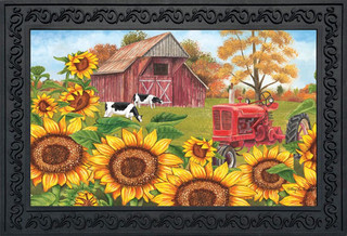 Briarwood Lane Sunflower Barn Fall Doormat with red barn, tractor, sunflowers, and cows, indoor/outdoor welcome mat.