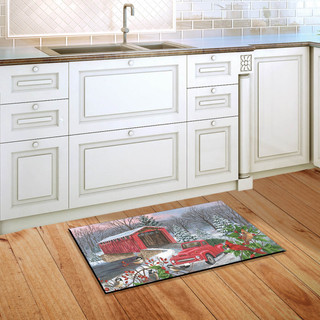 Briarwood Lane indoor/outdoor red truck doormat with snowy scene, cardinals, chickadees, holly and berries.