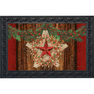 Briarwood Lane Holiday Barnstar Berries Doormat with rustic star, pip berries, and greenery on wood.