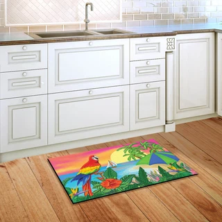 Briarwood Lane Paradise Parrot Summer Doormat with tropical bird, palm trees, and sailboat design indoors.