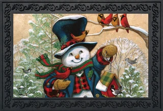 Briarwood Lane Winter Friends Snowman Doormat with cardinals and birds, primitive winter decorative outdoor floormat.