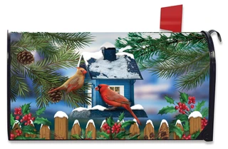 Briarwood Lane large winter mailbox cover with cardinals, holly & berries on picket fence with birdhouse.