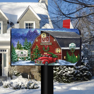 Briarwood Lane large Christmas Tree Farm Pickup oversized mailbox cover with red barn and truck.