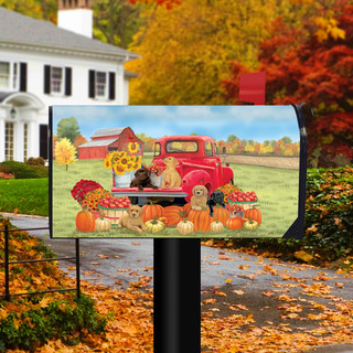 Briarwood Lane Fall Puppies Mailbox Cover with colorful pups, pumpkins, and flowers on a red truck.
