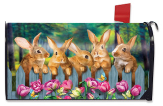 Briarwood Lane Garden Bunnies Spring Mailbox Cover with colorful, cheery bunnies and flowers, decorative seasonal design.