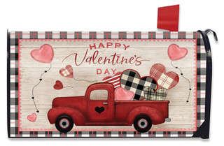 Briarwood Lane Valentine's Love Pickup Primitive Mailbox Cover with red pickup truck and patterned hearts design.