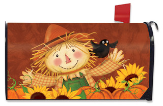 Briarwood Lane Happy Scarecrow Fall Mailbox Cover with sunflowers, pumpkins, and crows, colorful autumn decorative print.