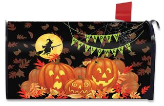 Briarwood Lane standard Halloween mailbox cover with jack-o-lanterns, witch on broom, and autumn leaves.