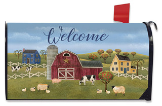Briarwood Lane Spring Countryside Welcome Magnetic Mailbox Cover with colorful farm scene and sheep near barn.