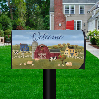 Briarwood Lane Spring Countryside Welcome mailbox cover with colorful farm scene and sheep by rustic barn.