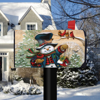 Briarwood Lane standard snowman magnetic mailbox cover with cardinals, trees, and winter scene.