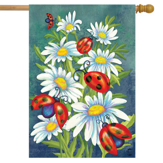 Ladybugs and Daisies Floral House Flag