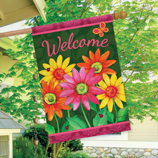 Briarwood Lane Welcome Daisies spring house flag with colorful flowers and cheerful welcome message displayed outdoors.