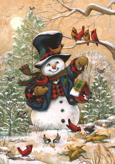Briarwood Lane Winter Friends Snowman House Flag with cardinals, trees, and snowman outdoor decor.