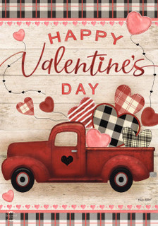 Briarwood Lane Valentine's Love Pickup Primitive House Flag with red pickup and patterned hearts.