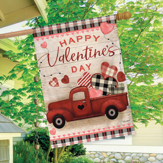 Briarwood Lane Valentine's Love Pickup Primitive House Flag with red pick-up truck and patterned hearts.