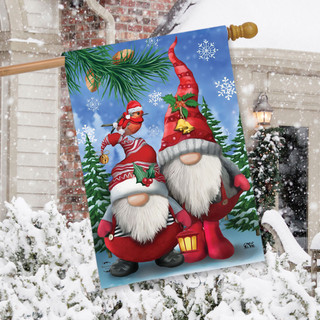 Briarwood Lane Winter Gnomes Christmas House Flag with gnome trio in santa hats and holly & berries.