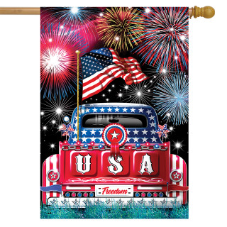 Briarwood Lane USA Pickup Patriotic House Flag with stars, stripes, and fireworks, red, white, and blue.