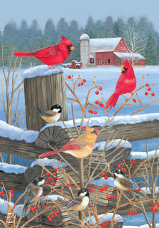 Briarwood Lane Birds of Winter cardinals and chickadees on snowy fence post near red barn.