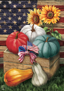 Briarwood Lane Patriotic Pumpkins Autumn House Flag with red, white, and blue stars and stripes design.