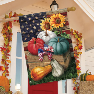 Briarwood Lane Patriotic Pumpkins Autumn House Flag with red, white, blue pumpkins and sunflowers.