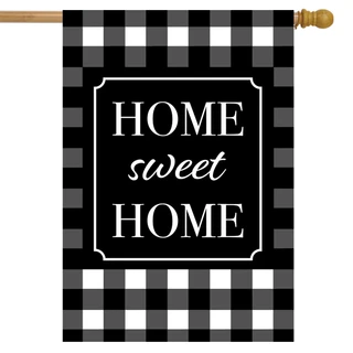 Briarwood Lane Home Sweet Home black and white checkered spring house flag with white lettering displayed.