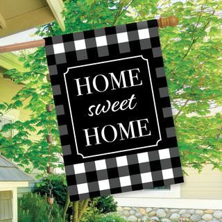 Briarwood Lane Home Sweet Home black and white checkered spring house flag with white lettering.