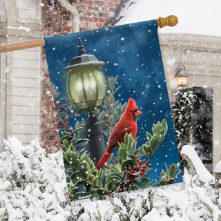 Briarwood Lane Winter Solitude Cardinal house flag with snowy scene, cardinal, lamp post, and berries.