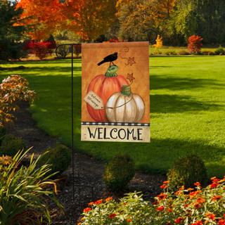 Briarwood Lane Rustic Pumpkins Fall Garden Flag with crows and autumn blessings primitive design.