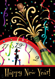 Briarwood Lane Happy New Year Clock Garden Flag with champagne bottle and clock striking midnight.