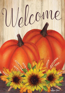 Briarwood Lane Pumpkin Pair Autumn Garden Flag with sunflowers and welcome text in a floral design.