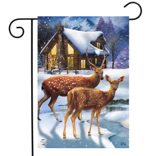 Briarwood Lane Winter Cabin Deer Garden Flag with buck, doe, and snow-covered cozy cabin.