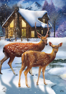 Briarwood Lane Winter Cabin Deer Garden Flag with snow-covered cabin and deer on a winter night.