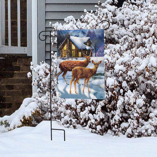 Briarwood Lane winter garden flag with snow-covered cabin, buck, and doe on a rustic winter night.