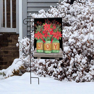Briarwood Lane Christmas garden flag with poinsettias, cardinals, and joyful holiday flowers design.