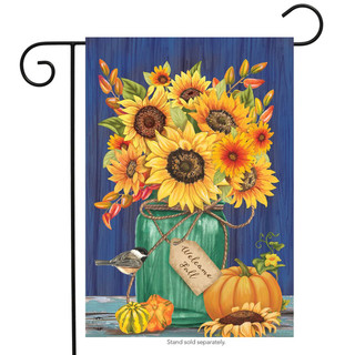 Briarwood Lane fall garden flag with sunflowers, pumpkins, and 'Welcome Fall' tag in rustic style.