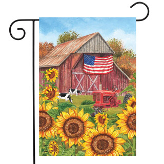 Briarwood Lane Sunflower Barn Fall Garden Flag with patriotic American flag and red barn scene.