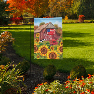 Briarwood Lane Sunflower Barn Fall Garden Flag with patriotic autumn farm scene and American flag.