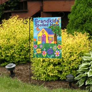 Briarwood Lane spring garden flag saying Grandkids Spoiled Here for grandparents with colorful seasonal love design.