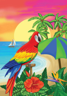 Briarwood Lane Paradise Parrot perched on tropical beach with sailboat, palm trees, and sunset shore.