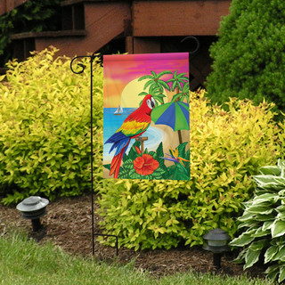 Briarwood Lane Paradise Parrot Summer Garden Flag with sailboat, palm trees, and sunset by the shore.