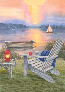 Briarwood Lane summer garden flag with serene lake scene, Adirondack chair, and sunset boat view.