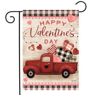 Briarwood Lane Valentine's Day garden flag with red pickup truck and patterned hearts design.