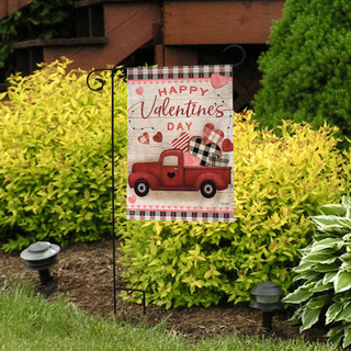 Briarwood Lane Valentine's Love Pickup Primitive Garden Flag with red pick-up truck and patterned hearts.