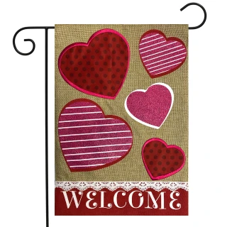 Briarwood Lane double-sided Valentine's Day burlap garden welcome flag with red hearts and stripes.