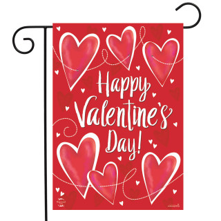 Briarwood Lane small printed garden flag with red hearts and "Happy Valentine's Day" in white.