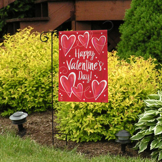 Briarwood Lane String of Hearts Valentine's Day garden flag with pink hearts on red background.
